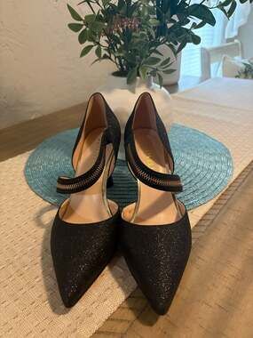 FINDVELL Black Shimmer Pumps with Decorative Zipper Strap Gold Accent Heels